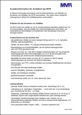 Kundeninformation für Anlieferer bei MVR